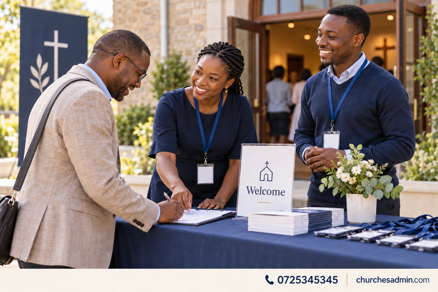 church event registration: illustrative church administration scene